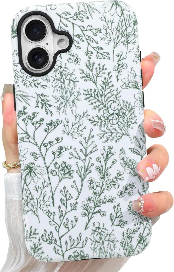 Pmxlfo Flower Branch Case Designed for iPhone 16, Green Sage Floral Branch Pattern 2 in 1 Phone case [Compatible with MagSafe] Heavy Duty Shockproof Drop Protective for Girls Women