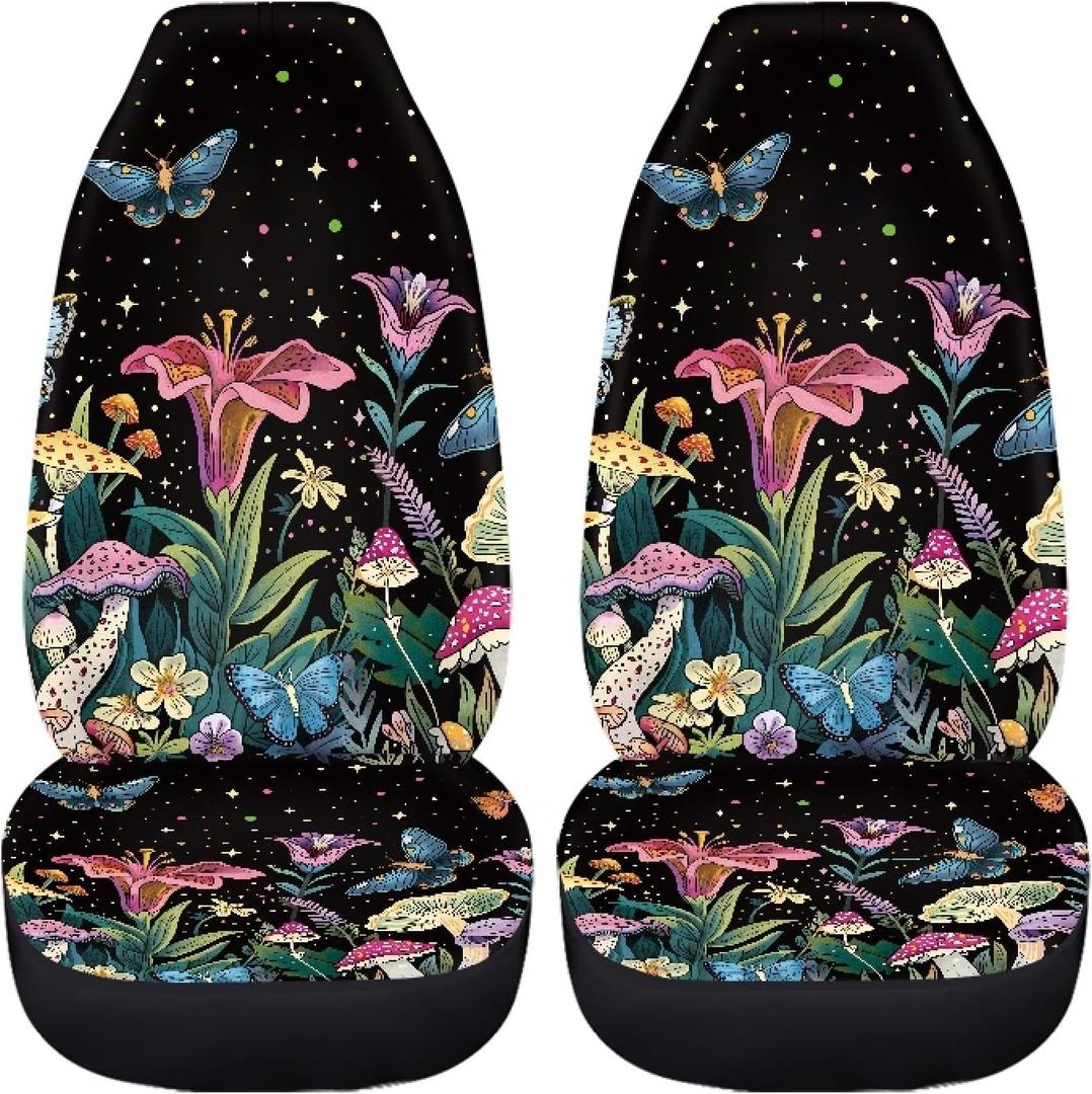Butterfly Mushroom Design Car Seat Covers Elastic Front Seat Protectors Automotive Interior Accessories Mats Non Slip Scratch Proof Pads