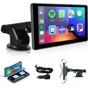 Podofo Wireless Carplay Screen for Car,7inch 1080P HD IPS Touch Screen Portable Car Radio Audio Receivers, Wireless Android Auto Screen 2 Mount/2 Bluetooth/MirrorLink/GPS/Voice Control/AUX/FM Transmit