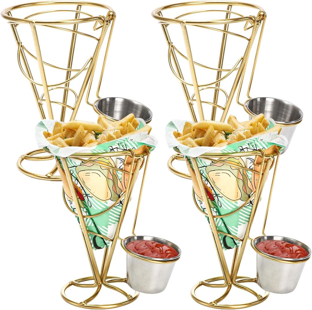 Peohud 4 Pack French Fry Holder, Chip Cone Basket with Sauce Cups, Metal Wire French Fries Stand Display Rack for Fried Chicken, Snack, Appetizer, Kitchen, Restaurant, Buffet, Party, Gold