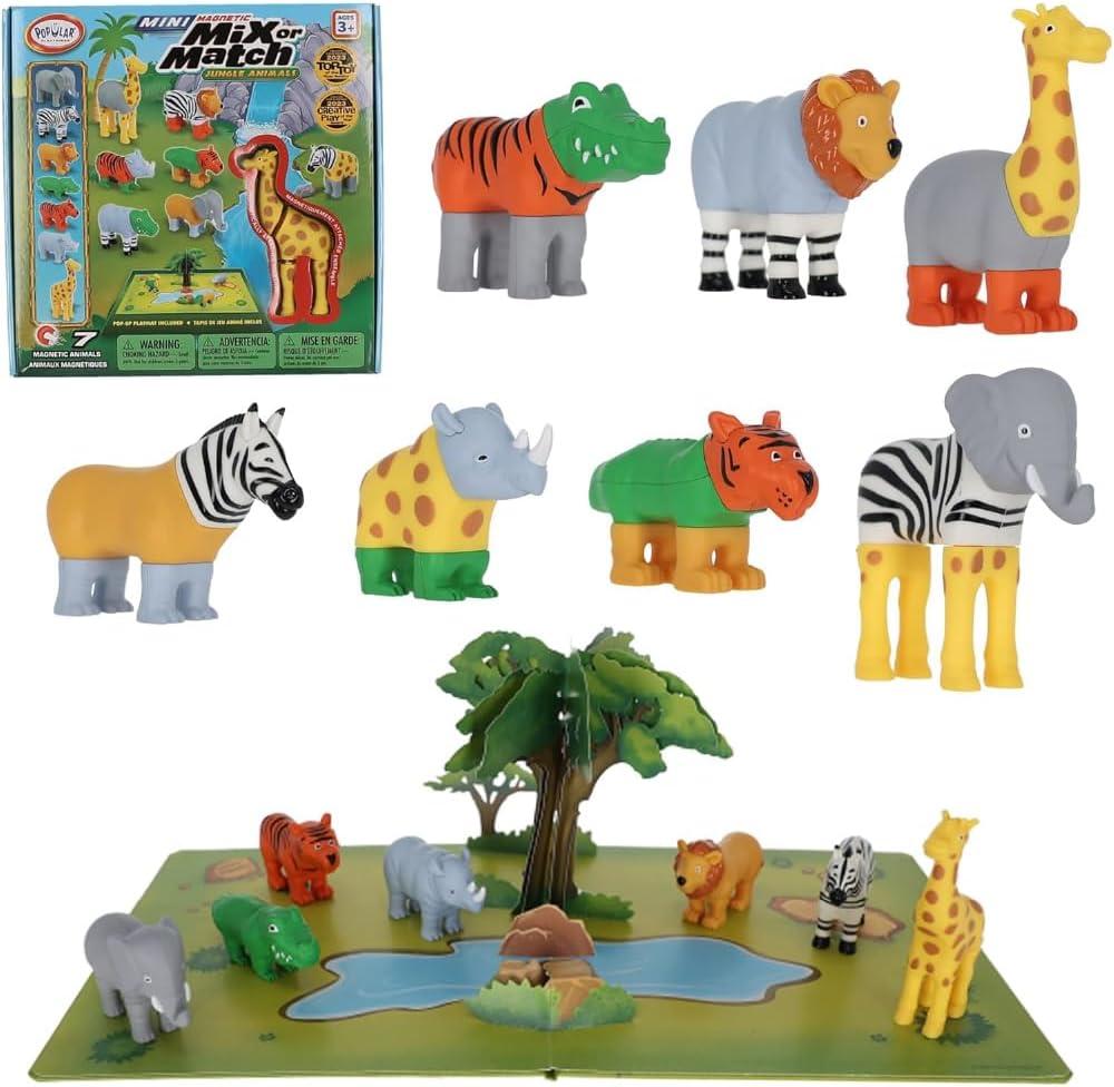 POPULAR PLAYTHINGS Magnetic Animals for Toddlers 1-3, Mini Mix or Match Animal Toys, Set of 7 Gift for Kids - Jungle Animals with Pop-up Playmat