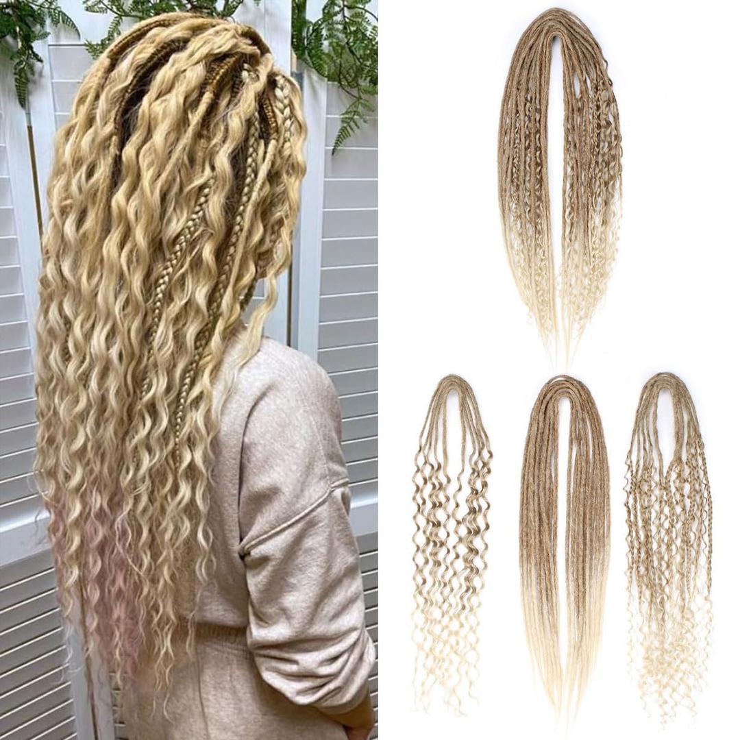 Double Ended 3 in 1 Dreadlock Extensions, 24 inch 15pcs Brown to Blonde Mixed Dreads Extensions Set DE Dreads with Curly Dreadlocks for White Women