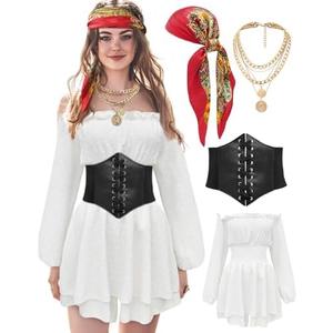 minkasic Women Pirate Costume Dress with Corset Accessories Long Sleeve Romper Short Off Shoulder Dress, Size M