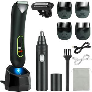 Rechargeable Body Hair Trimmer for Men, 2 in 1 Body Groomer for Men, Replaceable Hair Cutting Blade, IPX7 Waterproof Wet/Dry Ball Groin Trimmer with Charging Base