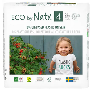 Naty Eco-Friendly Tape Style Diapers, 26 Pieces, Size 4, 7-18kg, Plant-Based, GM-Free, FSC Certified, Breathable and Rash-Preventing