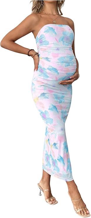 Floerns Women's Pregnancy Dress Floral Strapless Ruched Bodycon Slit Long Maternity Dresses, Medium 