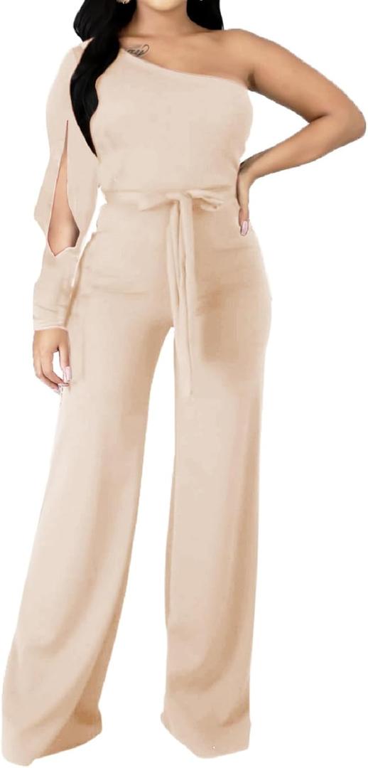 CuteCherry Women Elegant Jumpsuits For Elegant One Sleeve Sexy Straight Long Pants Rompers With Pockets (XX-Large, Apricot) CuteCherry Women Elegant Jumpsuits For Elegant One Sleeve Sexy Straight Long Pants Rompers With Pockets (XX-Large, Apricot)