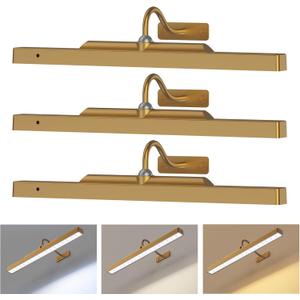 Picture Light Battery Rechargeable, 3Pack Picture Light for Wall with Remote, 3 Color Modes and Dimmable Classic Art Lights for Paintings, Pictures in Gallery, Bedroom, Bathroom with Timer Brass