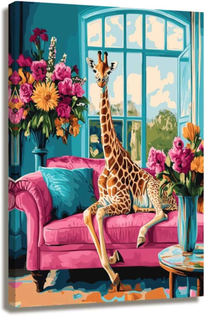 XLMDYYSW Colorful Animal Wall Art Cat Peacock Giraffe Canvas Picture Bathroom Retro Painting Flower Background Prints for Living Room Wall Decor Framed (Yellow, 16.00" x 24.00")