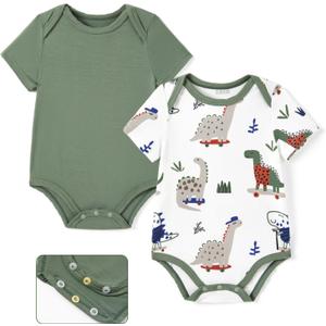 PATPAT Baby Bodysuits Supersoft Bamboo Viscose - Short Sleeve Boys and Girls - Newborn Infant Unisex Clothes Pack (0-3 Months, Jungle Dino)
