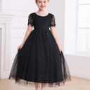 Flower Girl Lace Back V-Neck Dress Full-Length Floral Embroidered Toddler Tutu Tulle Dresses for Girls, 2-3Y