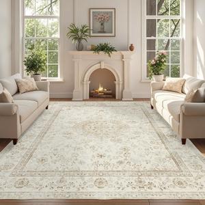 Washable Area Rug 8x10: Boho Vintage Cream Rugs for Living Room Bedroom - Soft Non Slip Stain Resistant Carpet Indoor - Beige Floral Medallion Design