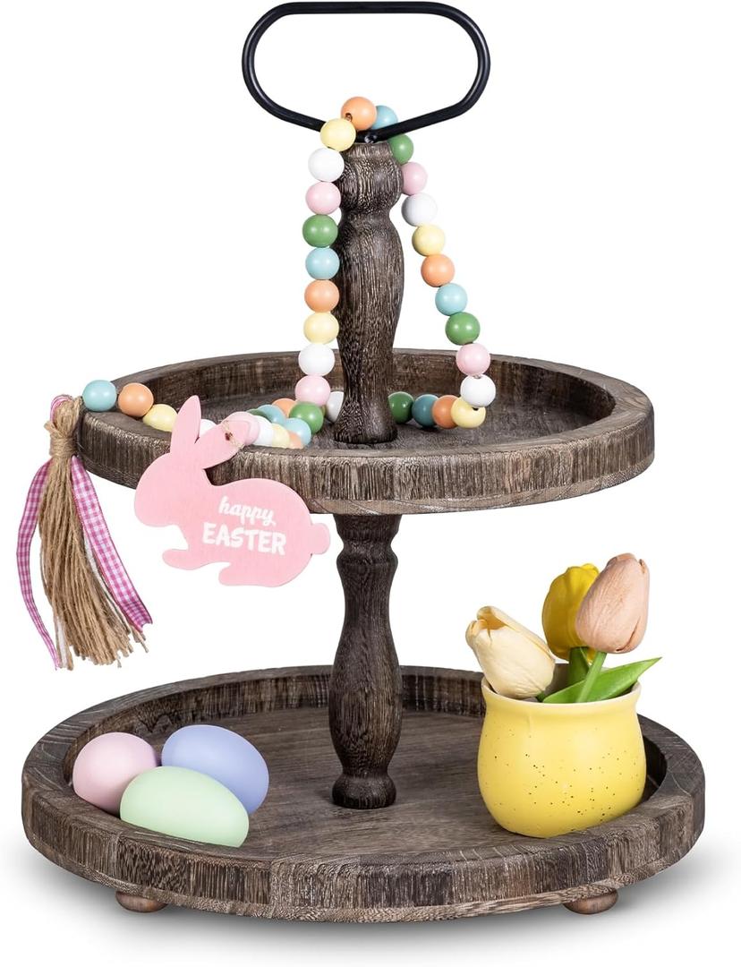 Mustry Rustic Wooden 2 Tiered Tray, Round Farmhouse Kitchen Table Decor Serving Tier Tray, Food Fruits Cupcake Display Coffee Bar Home Party Seasonal Decorations (Brown)