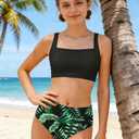 TyeSmo Girls Swimsuit Size 10 Girls Size 10 Swimsuit Girl 8-10 Adjustable Straps Girl Bathing Suit Modest Swimwear Ribbed Bikini Tropical Floral 2 Piece Swimsuit with Mesh Cover Up Black