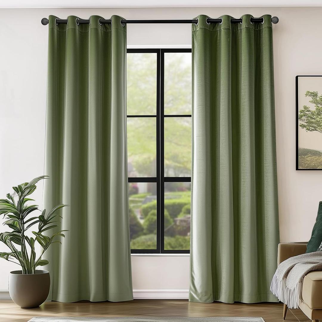 jinchan Velvet Curtain for Living Room, Sage Thermal Insulated Luxury Drape for Bedroom 108 Inch Long, Soft Privacy Room Darkening Extra Long Window Ring Top Treatment Grommet 1 Panel, Sage Green