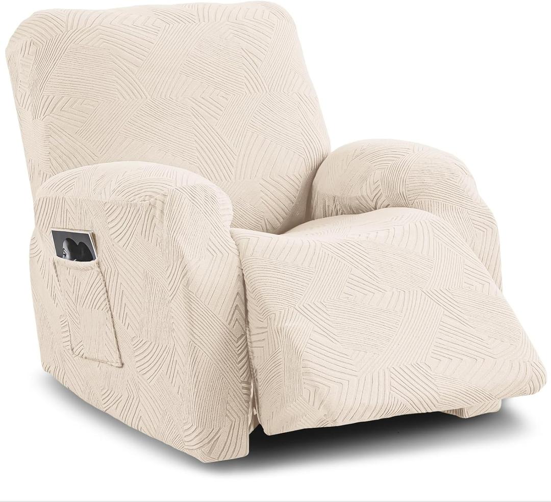 Oversized Recliner Chair Covers,4-Piece Stretch Geometric Strokes Jacquard Reclining Chair Slipcovers,Furniture Protector with Side Pocket,Soft Breathable Couch Cover,Beige