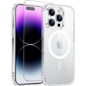Temdan for iPhone 14 Pro Max Case Clear with Screen Protector, [Compatible with Magsafe][Anti-Yellowing][Military-Grade Protection] Shockproof Magnetic Phone Case for iPhone 14 Pro Max, Transparent