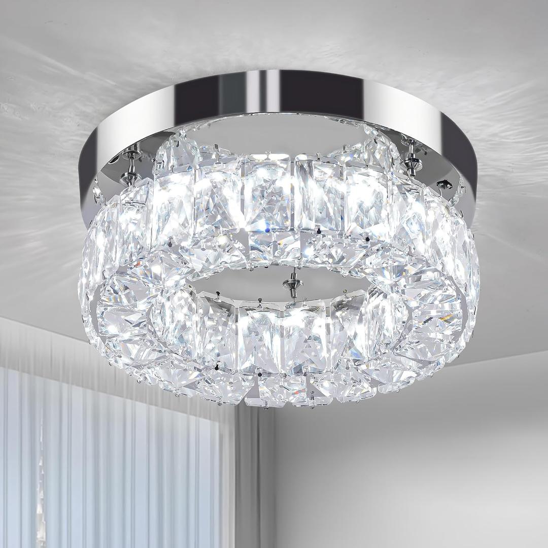 9.8 Inch Modern Crystal Chandelier Small Flush Mount Ceiling Light Fixture LED Crystal Ceiling Light for Bedroom Dining Living Room Hallway (6000K Cool White, Height Adjustable)