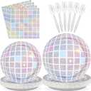 96Pcs Disco Party Supplies Pink Pastel Silver Disco Ball Plates and Napkins Sets Rainbow Iridescent Birthday Decorations for Dancing Queen 17th Wedding Sprinkle Bachelorette 70s Disco Party Serves 24