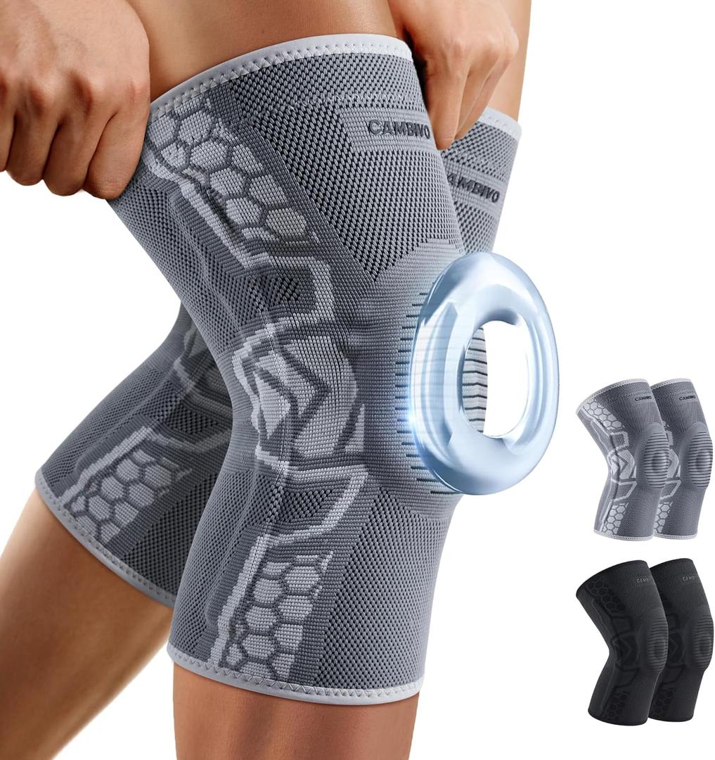 CAMBIVO 2 Pack Knee Brace for Men and Women, Knee Sleeves for Men with Patella Gel Pad and Side Stabilizers, Knee Compression Sleeves for Knee Pain Relief, Running, Workout, Daily Use (XX-Large, Gray)