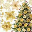 64 Pcs Poinsettia Christmas Decorations Artificial Poinsettia Flowers Glitter Berry Picks Butterfly Christmas Tree Ornament Kit with Clips for DIY Floral Wreath Party Xmas Tree Decor(Champagne)