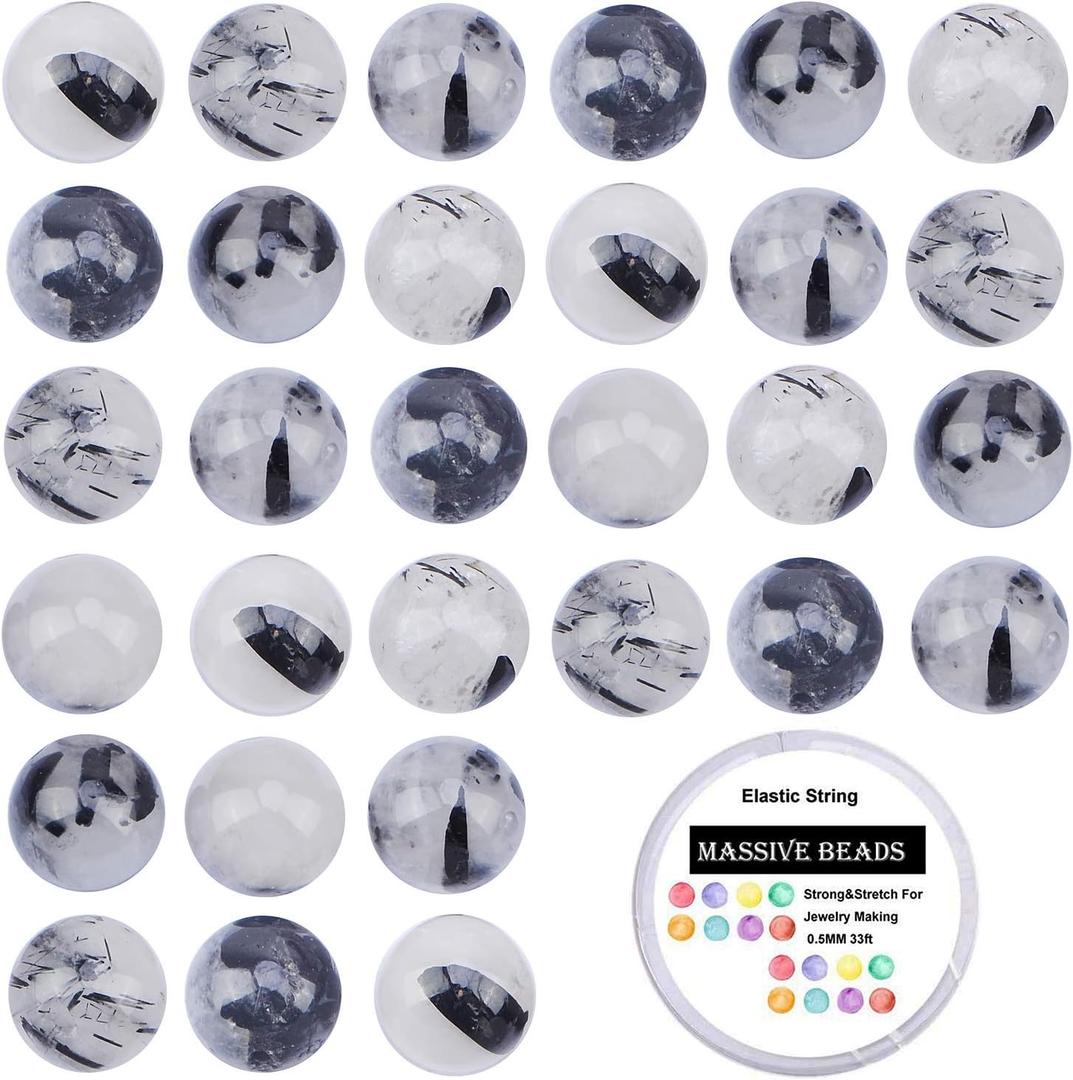 80Pcs Natural Crystal Beads Stone Gemstone Round Loose Energy Healing Beads with Free Crystal Stretch Cord for Jewelry Making (Tourmaline Quartz, 10mm)