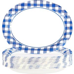 50Pcs Blue and White Gingham Oval Paper Plates 10" x 12" Large Blue Gingham Checkered Plaid Plates Disposable Heavy Duty Oktoberfest Plate for Oktoberfest Holiday Picnic BBQ Birthday Party Decorations