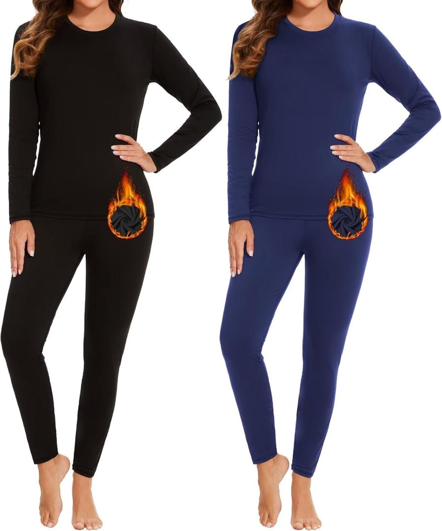 2 Sets Thermal Underwear for Women Long Johns Ultra Warm Fleece Lined Athletic Base Layer Tops & Bottom Pajama (Large, Black/Blue)