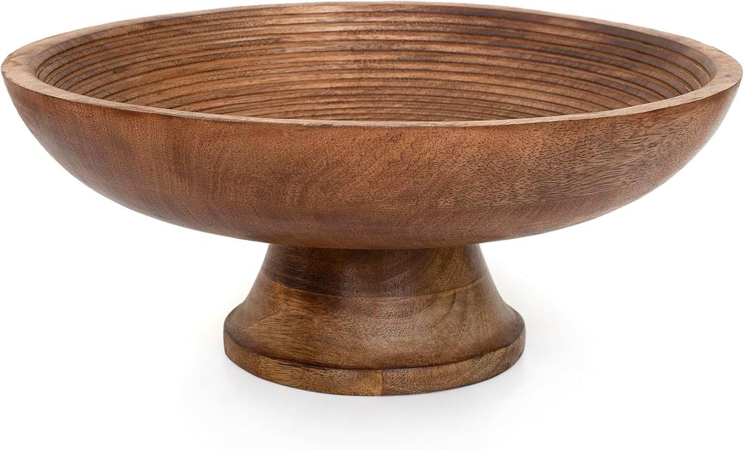 Decorative Mango Wood Serving Bowl For Fruit Or Salad, Wooden Centerpiece Display Tray Basket Platter Dish For Kitchen Counter & Dining Table Decor, Round 12 x 5 Inch, Large Natural Rustic Farmhouse