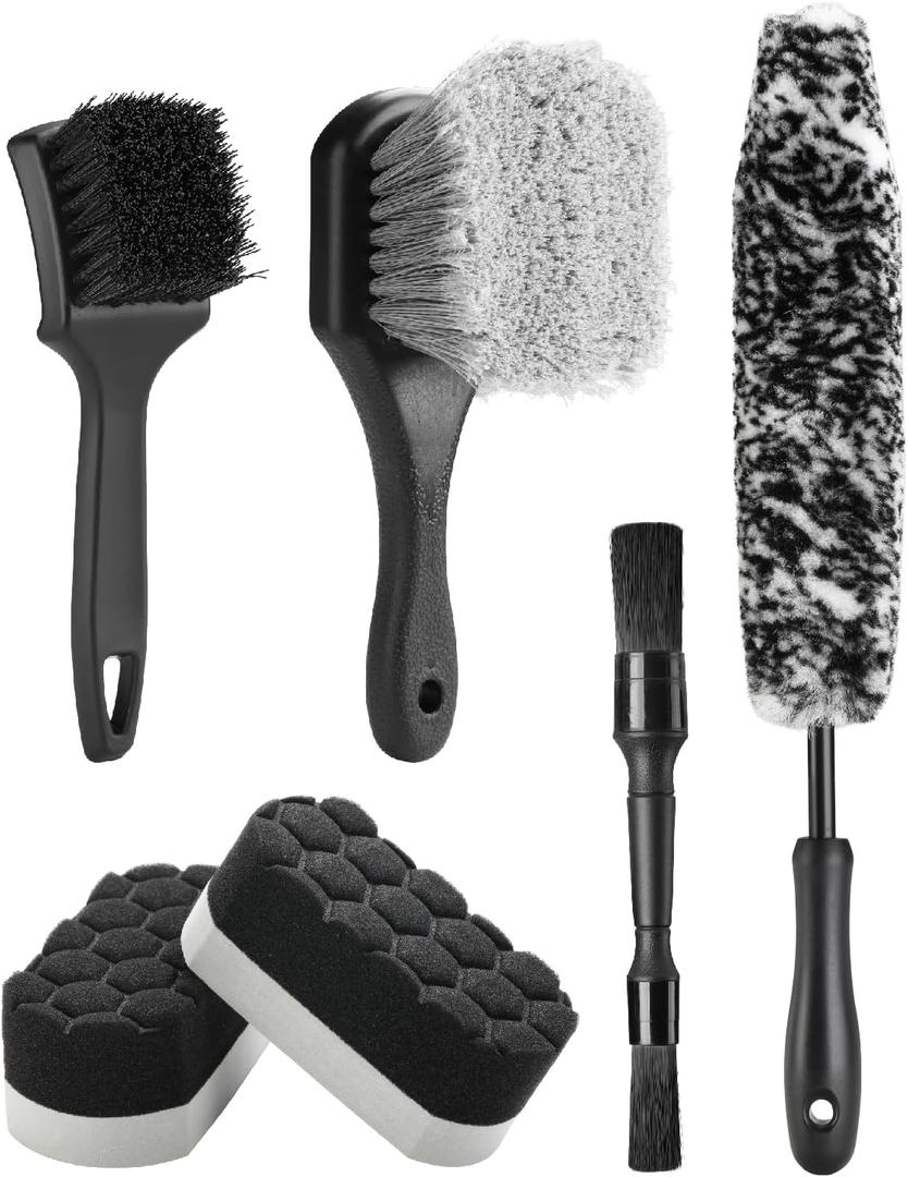 Fantasticlean 6PCS Car Wheel Cleaning Pro Kit, Tire Brush, Soft-bristled Rim Brush, Microfiber Bendable Brush, Double-Ended Detailing Brush, and Detailing Pads, Scratch-Free & Multipurpose