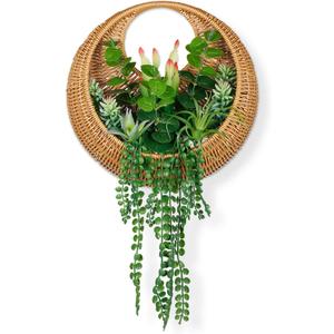 Hanging Artificial Succulent Planted in Woven Basket for Boho Wall Decor & Door Wreath,Fake Plants Hanging Wall Decor for Livingroom Bedroom Bathroom Home & Office Decor (Green & Brown)