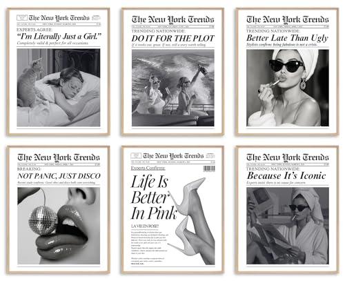 Uniro Trendy Newspaper Wall Art Prints, Vintage Black & White Newspaper Wall Decor Aesthetic Pictures, Retro Girly Dorm Room Decor, Funky Bathroom Wall Decor Disco Poster for Teen Girl Bedroom Apartment, Bar Cart Decor - Unframed