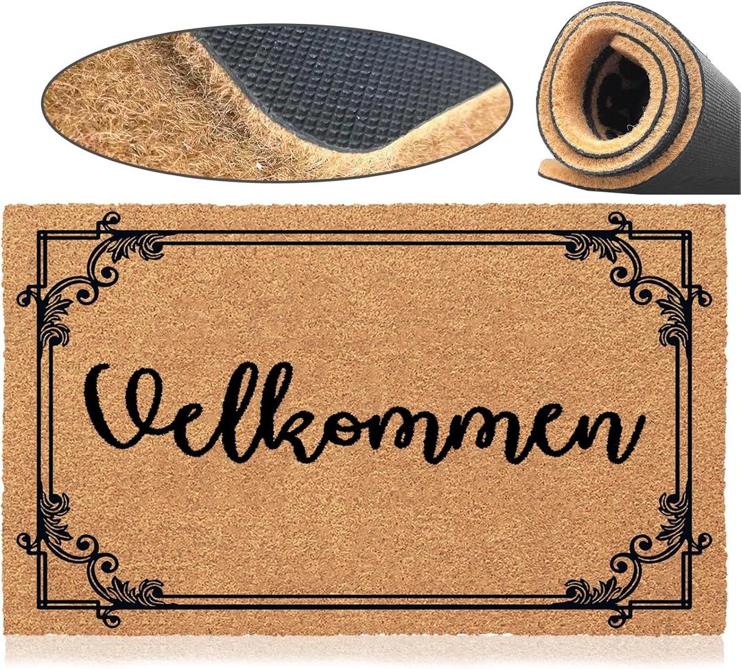 Jec&Smis Welcome Mat Velkommen Door Mats for Home Entrance Funny Doormat, Coir Fiber Outdoor Doormats for Entrance Anti-Slip PVC Backing 18" x 30"