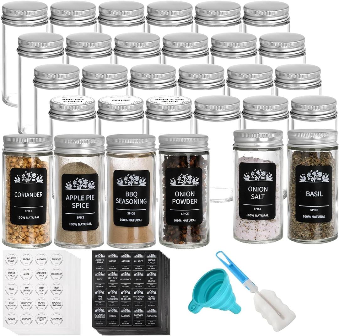 Tebery 30 Pack Round Spice Bottles Jars with Silver Lids, 3oz Empty Glass Spice Containers Shakers Complete Organizer Set Includes Shaker Lids, Wide Funnel, Labels and Cleaning Brush