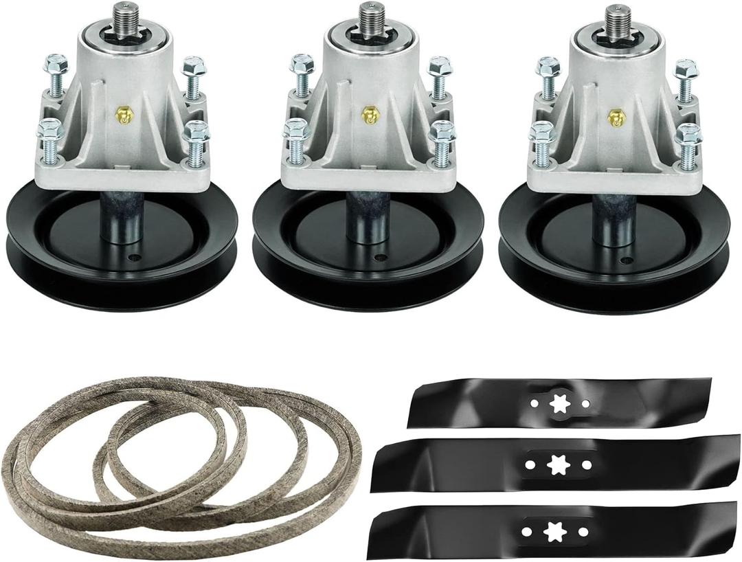 3 Pack 46'' Spindle Assembly Lawn Mower Deck Kit Fit for Cub Cadet LT1045 LT1046 I1046, Spindles 618-0660 918-0660/3 Blades 177-2144 942-0644/1 Belt (122" x 1/2") 754-04153 954-04153/3 Flat Pulley