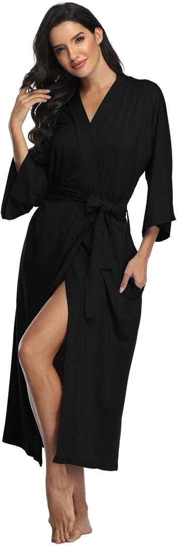 Women's Long Robes Ladies Kimono Bathrobes Full Length Robes Soft Modal Sleepwear Nightgown (X-Large, Black)