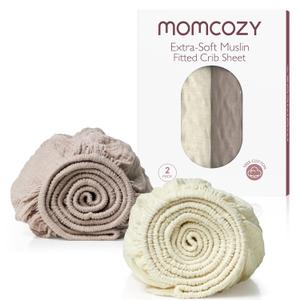 Momcozy Muslin Fitted Mini Crib Sheets, 38"x26", 2 Pack Soft Breathable Natural Cotton Baby Mattress Sheet, 360 Mattress Wrapping No Slip Boys Girls Neutral Toddler Bed Sheet, Beige Coffee Red