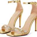 GENSHUO High Heeled Sandals for Women One Strap Heels with Square Open Toe 4 Inch Stiletto Ankle Strap Shoes Elegant Sexy Dress Wedding Party (11, Gold With Sequins)