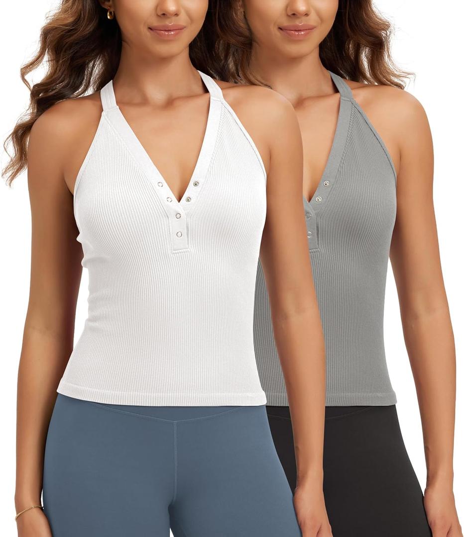 ODODOS 2-Pack Seamless Henley Tank for Women Open Back Button-up Ribbed Sleeveless Tops, White+Gray, X-Small/Small