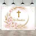 Lofaris Mi Bautizo Backdrop God Bless Ceremony Boho Floral Pampas Grass Gold Ring First Holy Communion Golden Glitter Baptism Photography Background Party Decoration Banner Photo Booth Prop 7x5ft