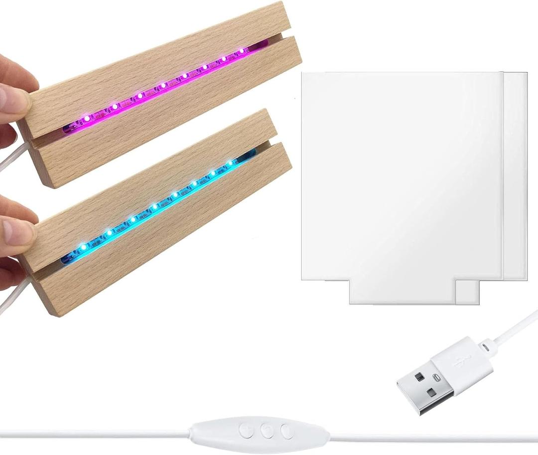 2Pcs 7 Colors 6" Wood LED Light Base with Blank Acrylic Sheet Clear Cast Plexiglass for LED Light Base Signs DIY Display Projects Craft