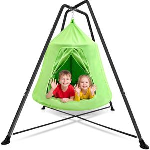 X-Shaped Swing Stand Frame with Tent Sensory Swing for Kids Adults Indoor Outdoor Use 330 Lbs Capacity Detachable Heavy Duty Hanging Chair Hammock Nest Pod with Stand for Mutiple Kids(Green)