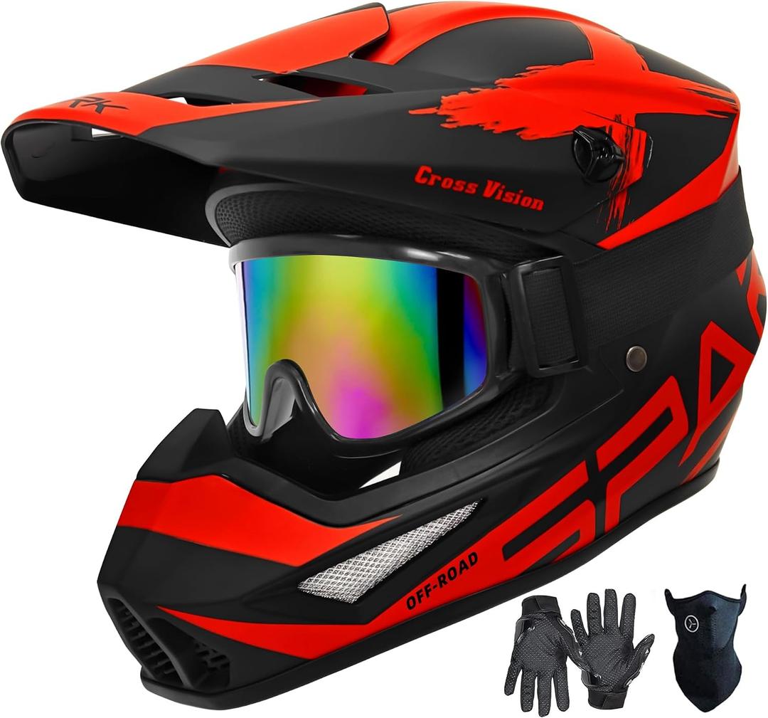 Motocross Helmet,Youth Adult ATV Dirt Bike Motorcycle Helmet,BMX 4-Wheeler Off-Road Mountain Bike Helmet,DOT Certified,W/Gloves Goggles Mask 4-Piece Set (X RED, Large)