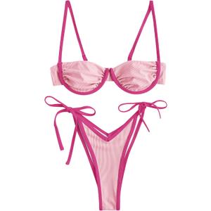 ZAFUL Women's Underwire Bikini Floral High Cut Bikini Set V-Wired Two Piece Swimsuit Bathing Suit (Large, 2-rose Red)