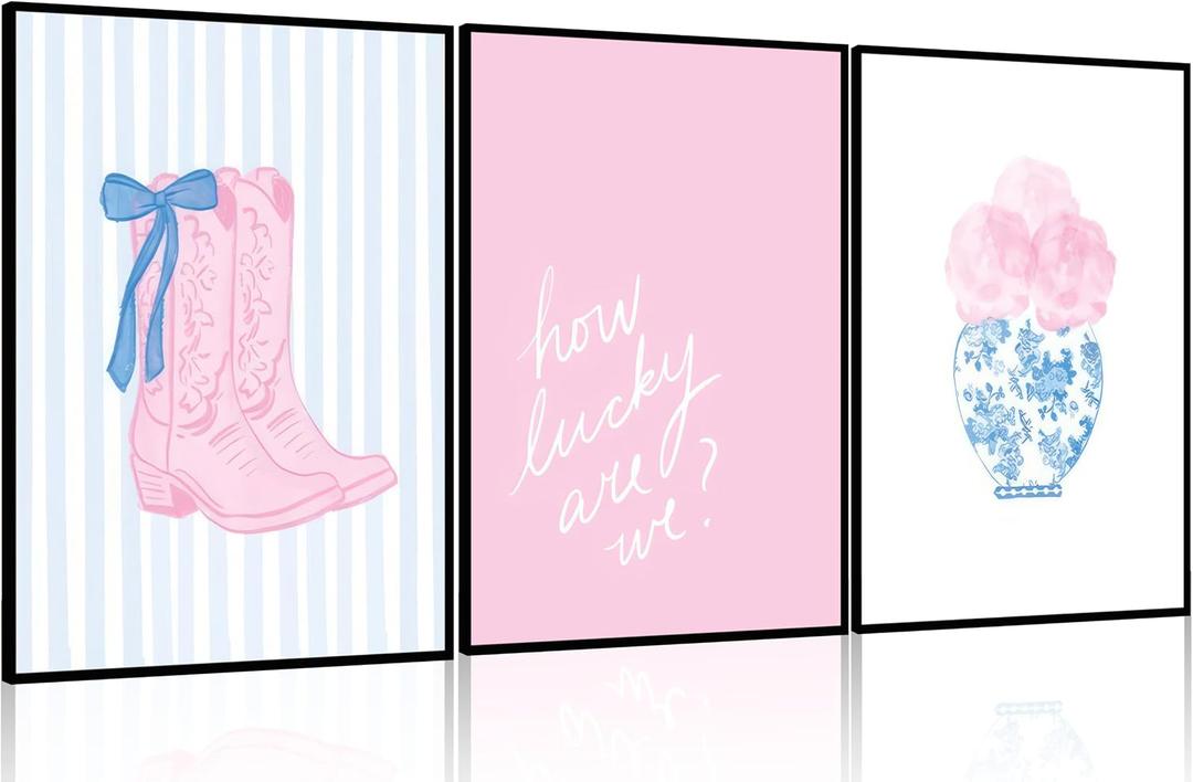 LQOZTBX 3 piece Coastal Cowgirl Wall Art Pink and Blue Cowboy Boots Canvas Posters How Lucky Are We Print Aesthetic Preppy Wall Decor Coquette Pictures for Girls Bedroom Dorm Unframed, 16x24-Posters