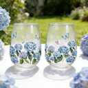 Whaline 2 Pcs Hydrangea Stemless Wine Glasses Clear Drinking Glasses 17 Oz Watercolor Blue Purple Flower Butterfly Tumbler Cups for Spring Party Supplies