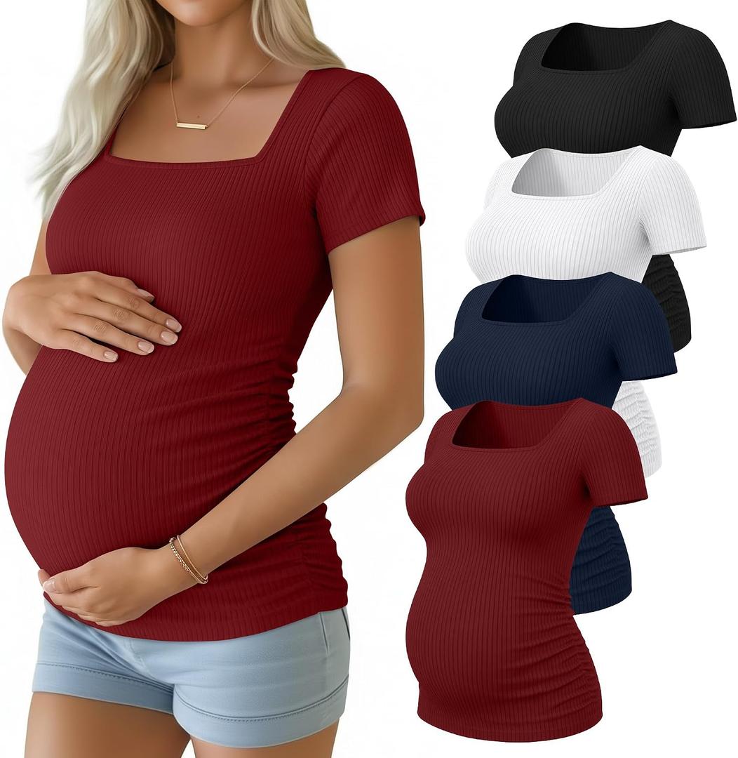 Huukeay 4 Pack Women's Maternity Shirts Cotton Short Sleeve Square Neck Pregnancy Tops Ribbed Side Ruched Summer Tee(Black, White, Navy Blue, Wine Red, Medium)