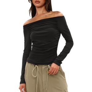 Darong Women Off Shoulder Shirts Long Sleeve Ruched Going Out Tops Trendy Slim Fit Fall Blouses Y2K Tops (Small, Black)