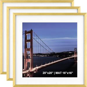 Yaetm 20x20 Gold Picture Frame Matted to 16x16, Set of 3, Thin Large Square Frame for Gallery Wall Display, Hanging Hardware Included (3 Pack, Gold)