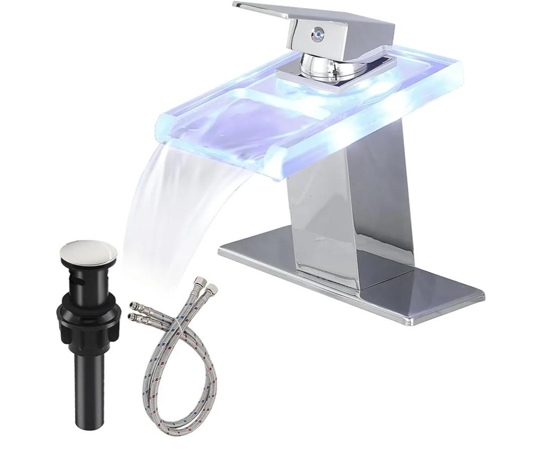 LED Bathroom Faucet, Bathroom Sink Faucet 1 Hole, Waterfall Spout Single Handle Bath Vanity with Pop Up Drain Parts Mixer Tap Open Water Spout Polish Chrome